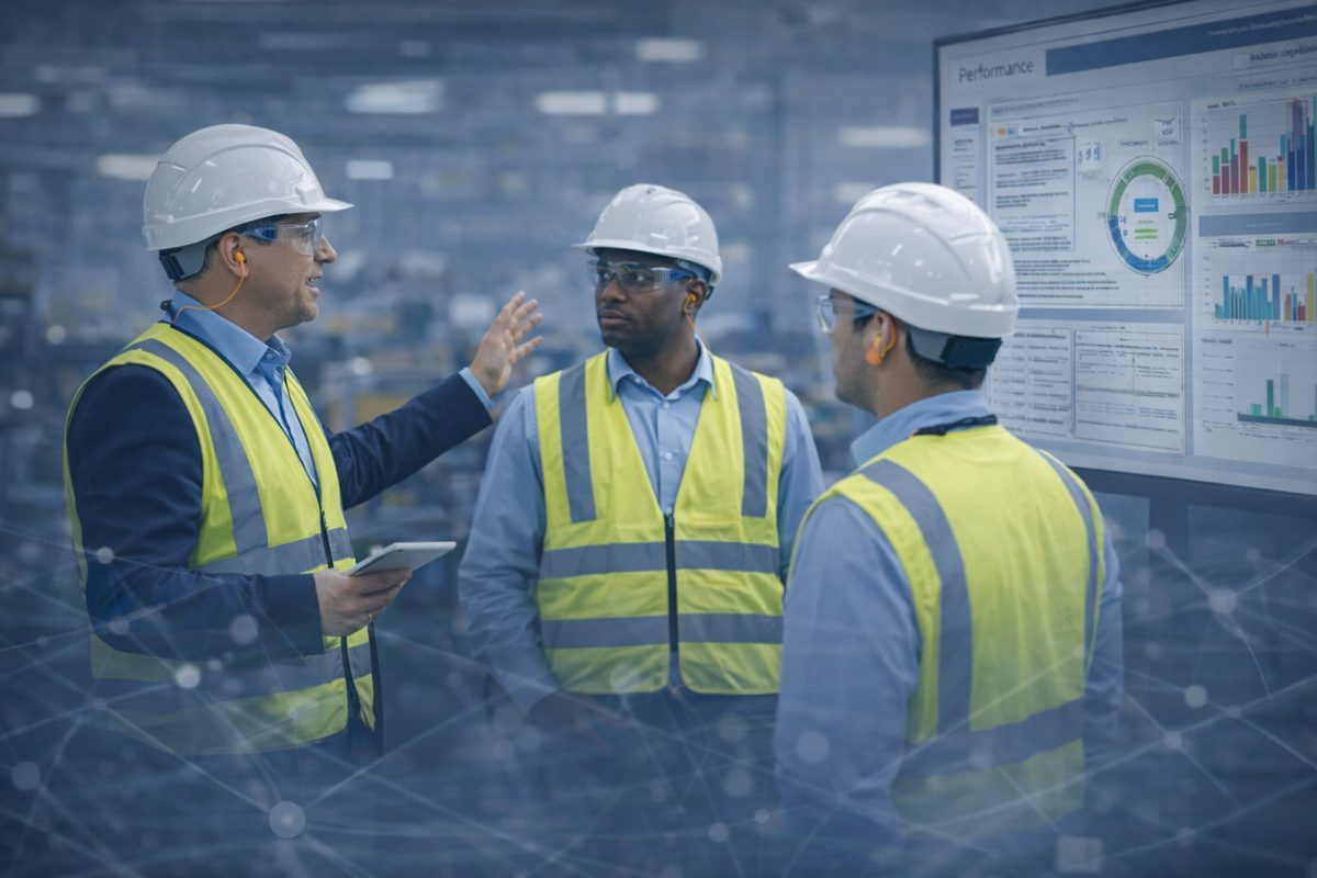 Industrial leaders coaching with performance dashboard
