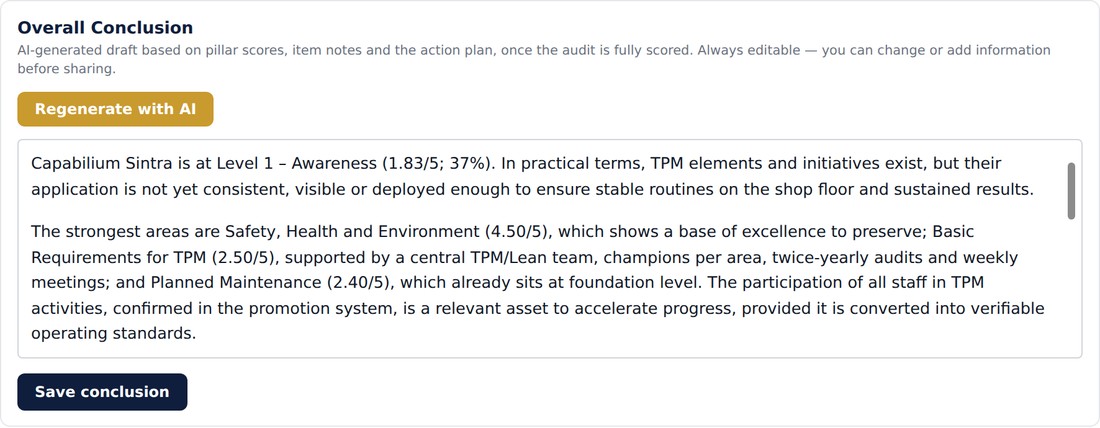 AI-generated overall conclusion, editable by the auditor